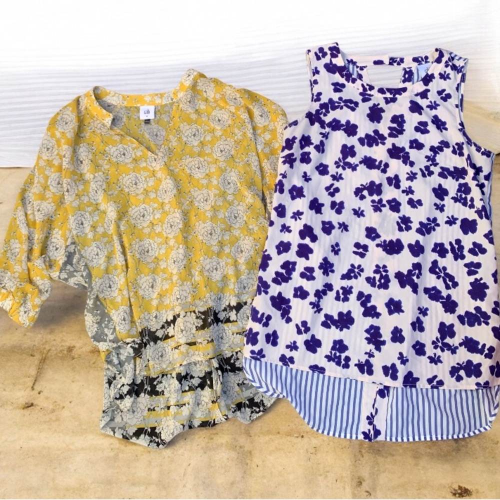 CAbi Yellow Floral Button Blouse & White with Purple Floral Tank Combo